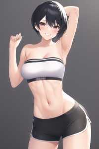 girl, very short black hair, fit body, strapless sports bra, shorts, smiling s-151123657.png
